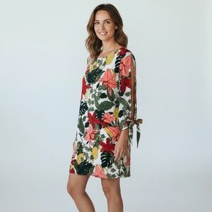 Floral Tropical Tie-Sleeve Dress - White with Coral & Green